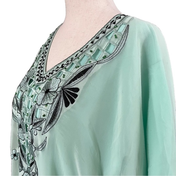 MINT Green Long Sleeve Handmade Embroidered Caftan Maxi Dress with Beading OS - Picture 3 of 11